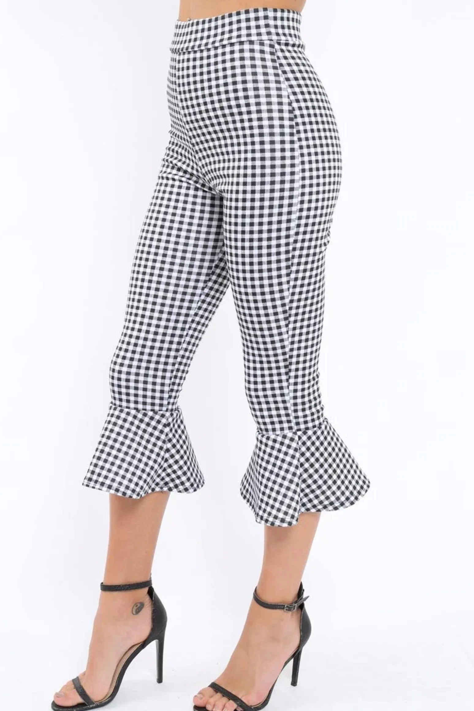 Rebellious Fashion Black Gingham Cropped Flare Hem Trousers - Aniesha