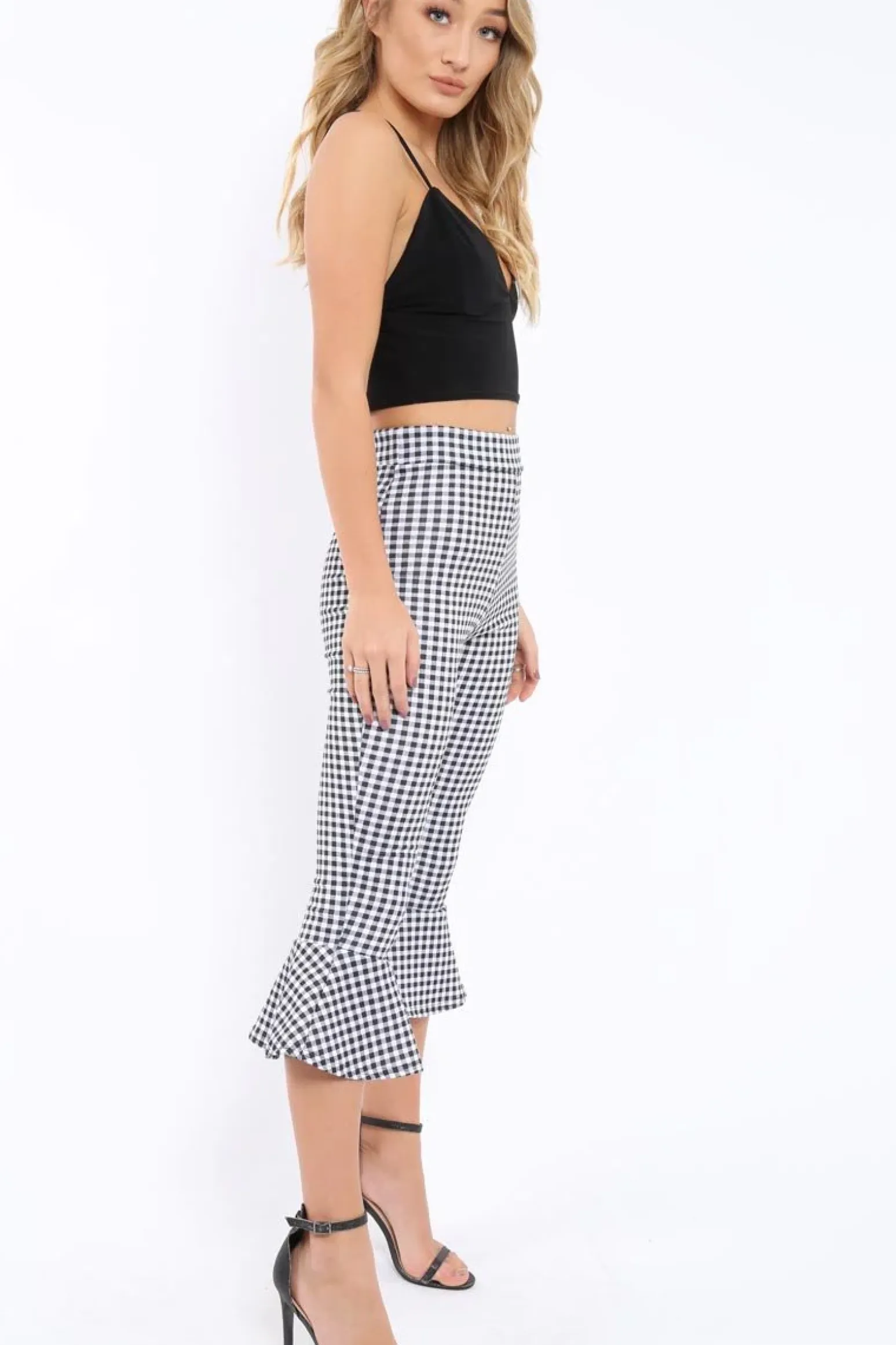 Rebellious Fashion Black Gingham Cropped Flare Hem Trousers - Aniesha