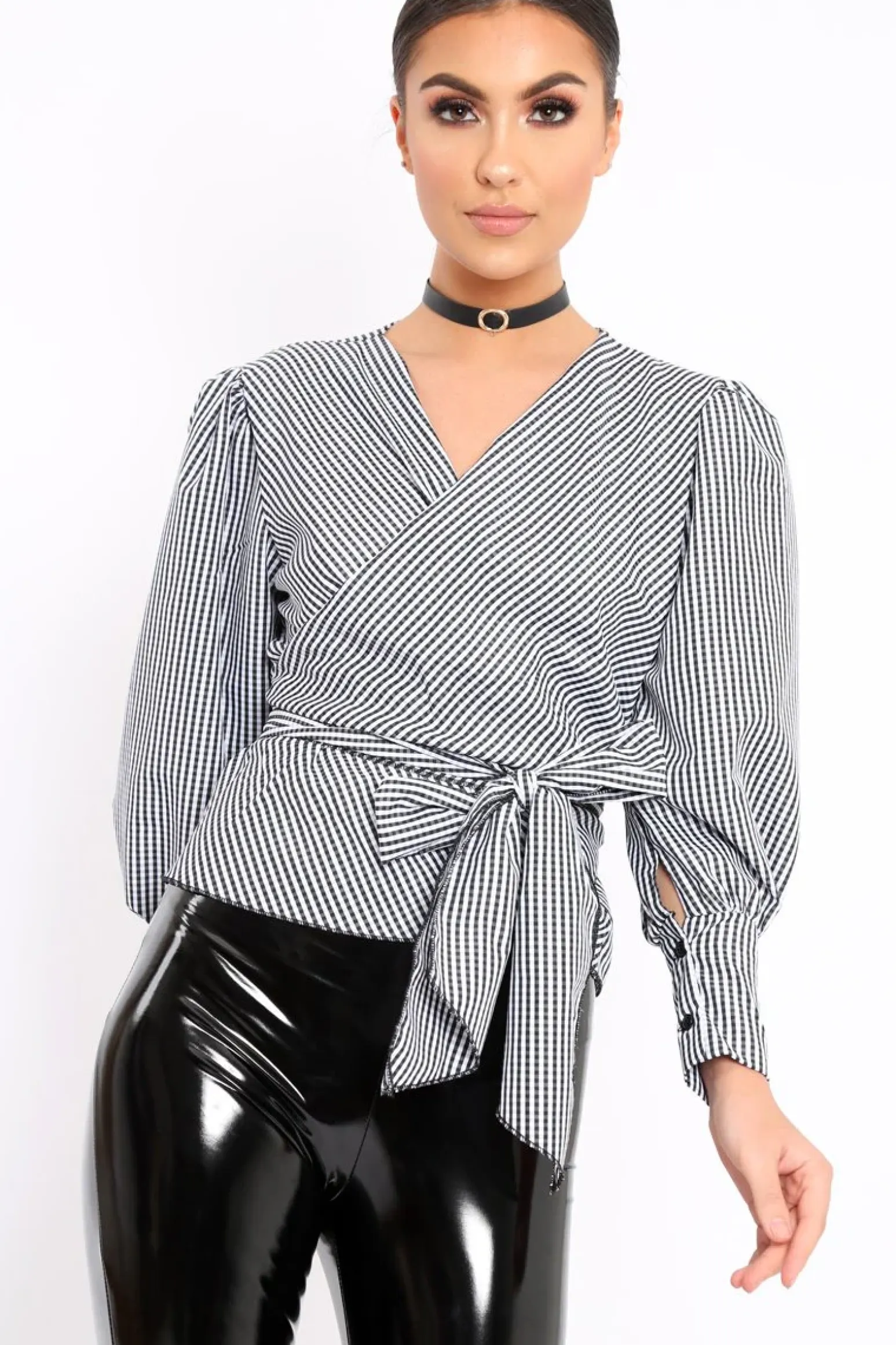 Rebellious Fashion Black Gingham Wrap Front Top - Gloria