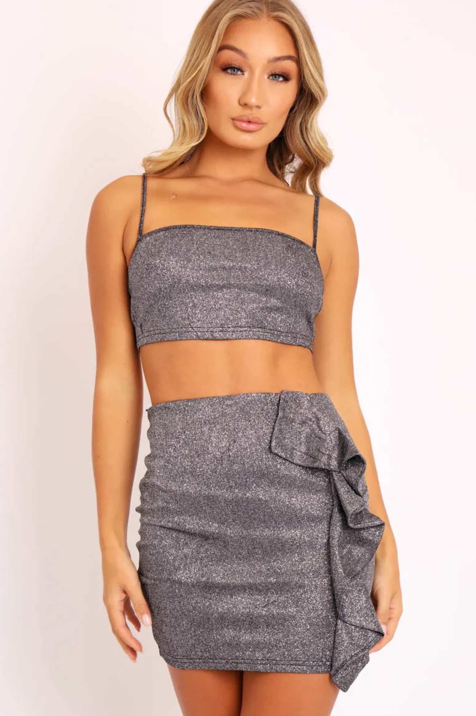 Rebellious Fashion Black Glitter Crop Top Ruffle Skirt Co-ord - Faith