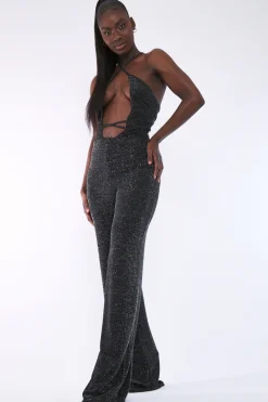 Rebellious Fashion Black Glitter Halter Neck Cut Out Wide Leg Jumpsuit - Evie