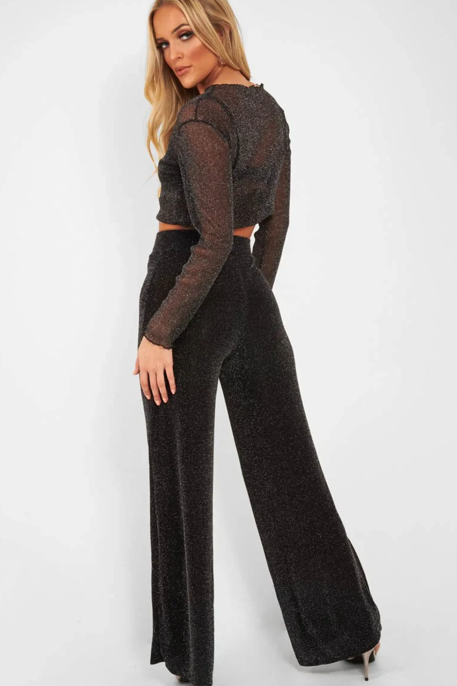 Rebellious Fashion Black Glitter High Waist Wide Leg Trousers - Betsey