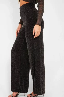 Rebellious Fashion Black Glitter High Waist Wide Leg Trousers - Betsey
