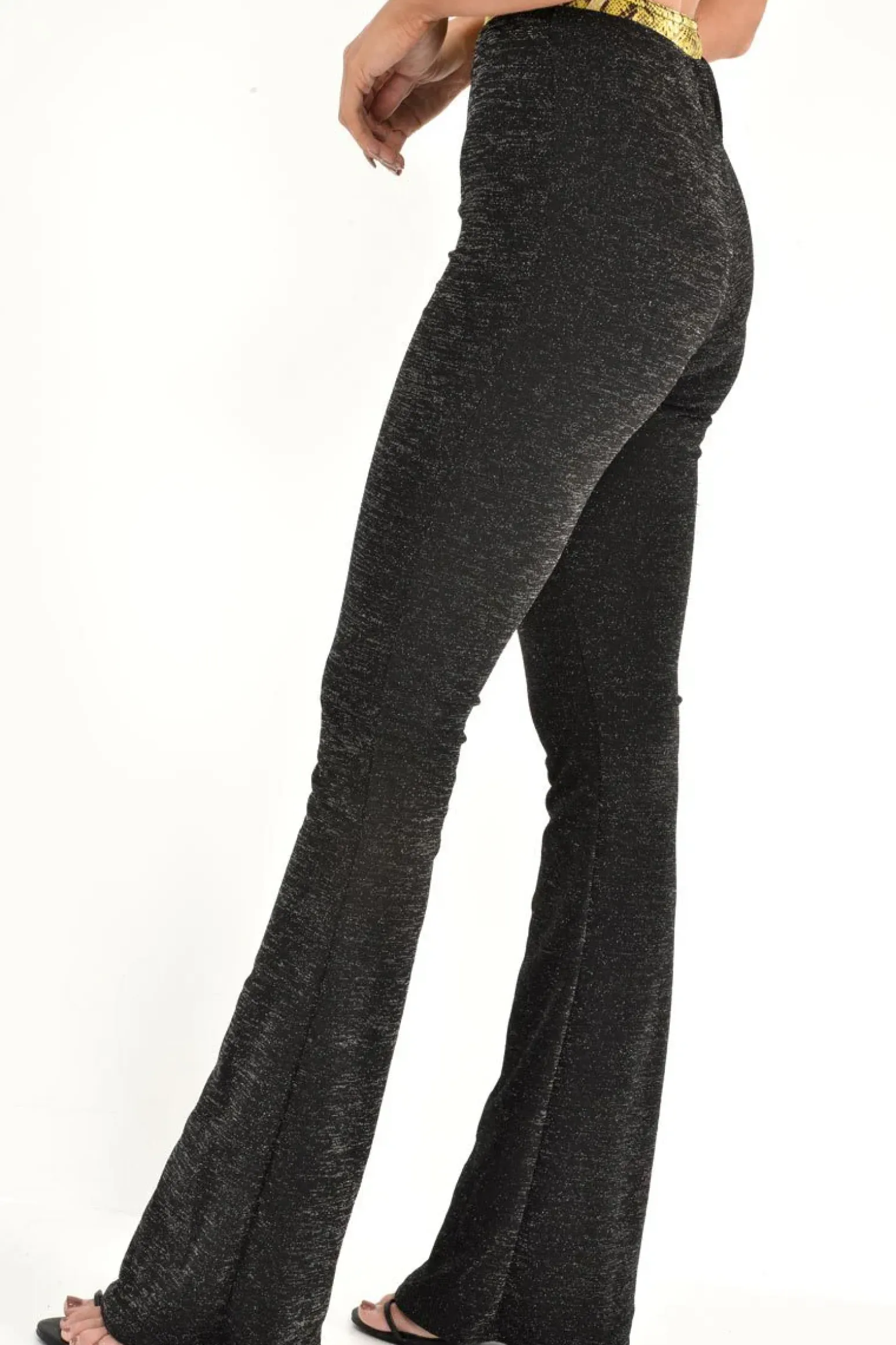 Rebellious Fashion Black Glitter Kick Flare Trousers - Chlo