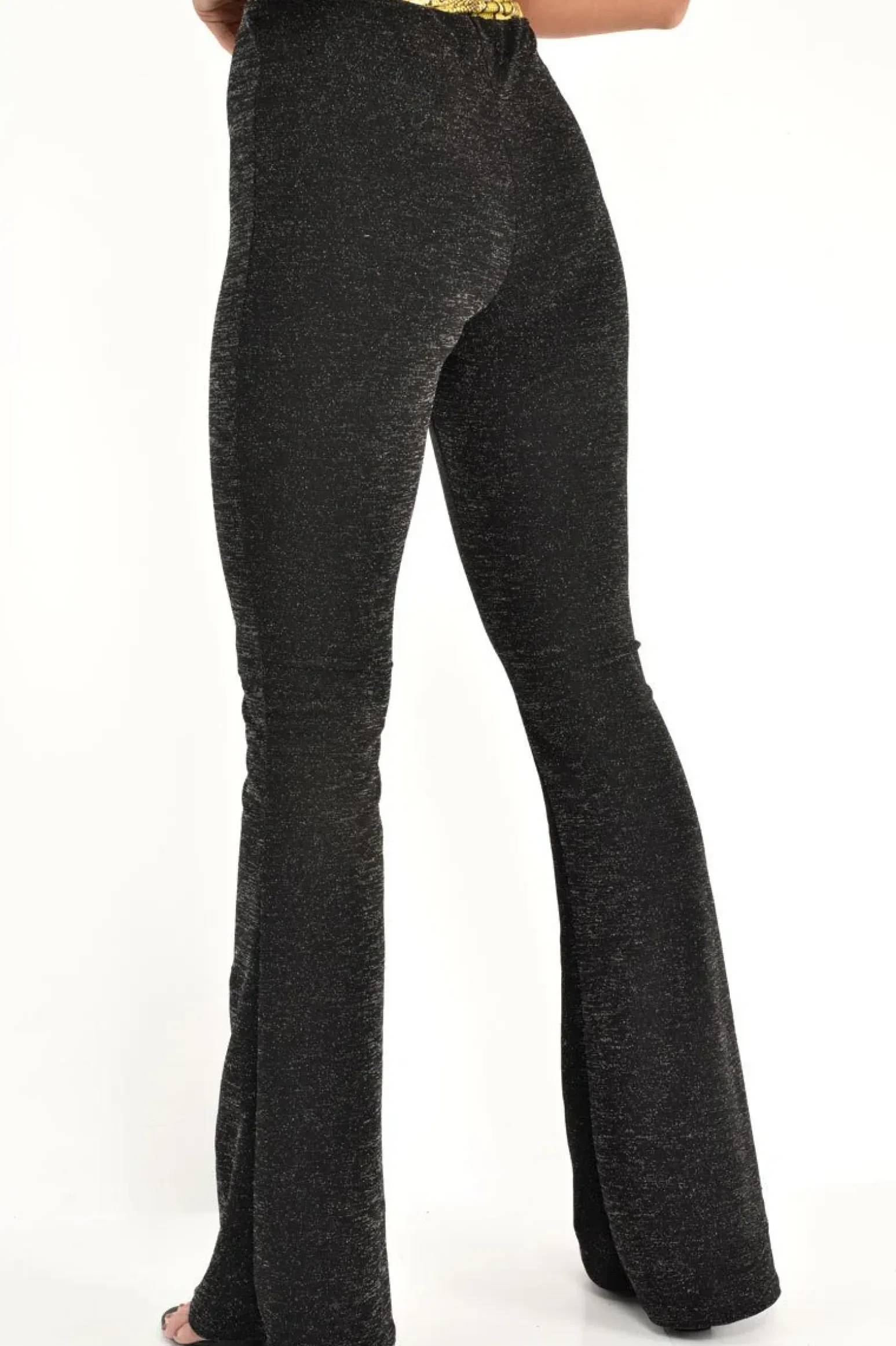 Rebellious Fashion Black Glitter Kick Flare Trousers - Chlo