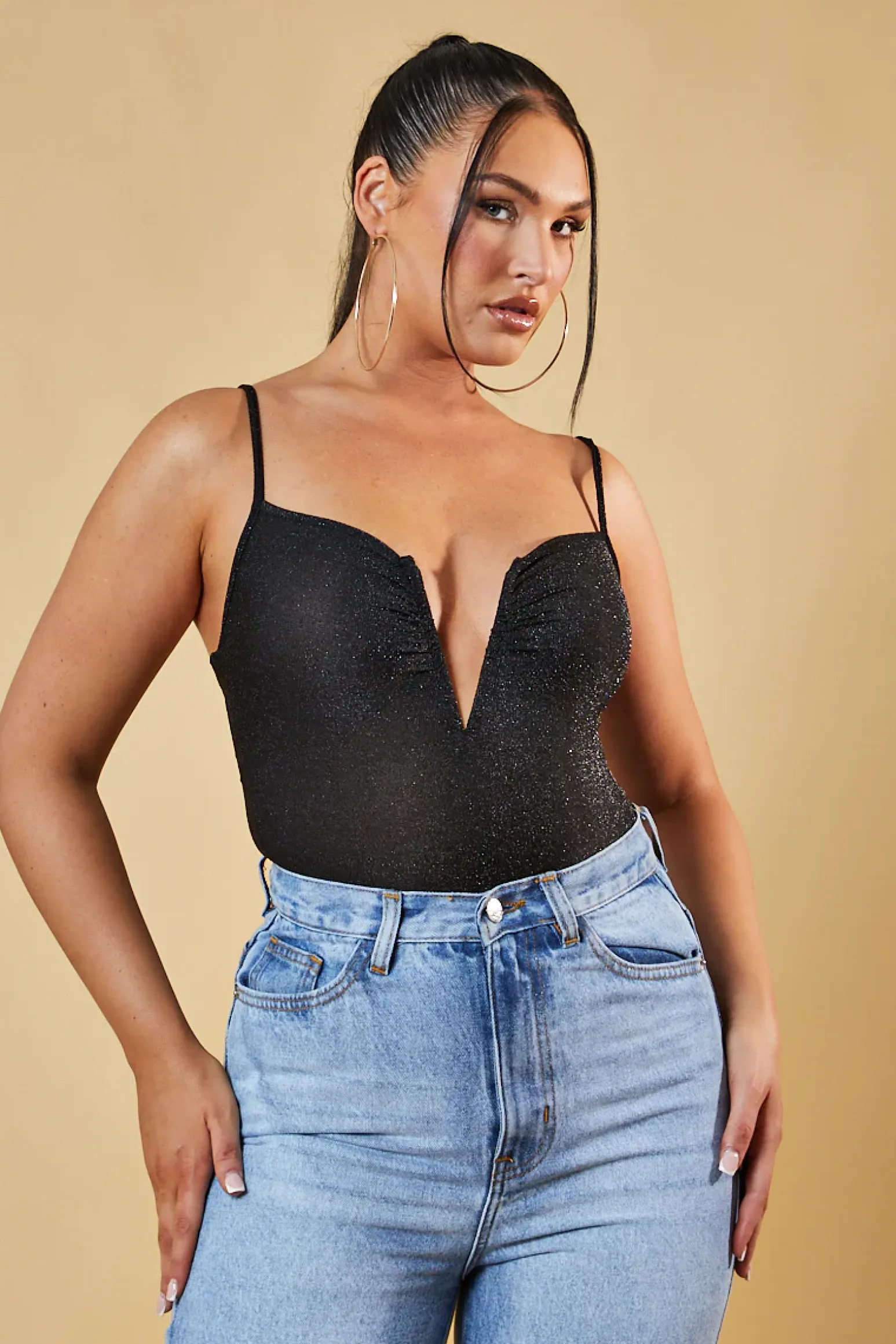 Rebellious Fashion Black Glitter Plunge Neck Bodysuit - Audrey
