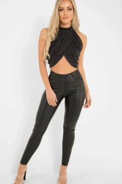 Rebellious Fashion Black Glitter Slinky Halterneck Wrap Top - Giovanna