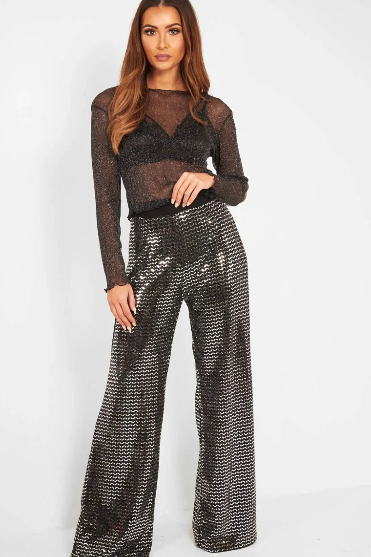 Rebellious Fashion Black Glitter Wide Leg Trousers - Kimberlie