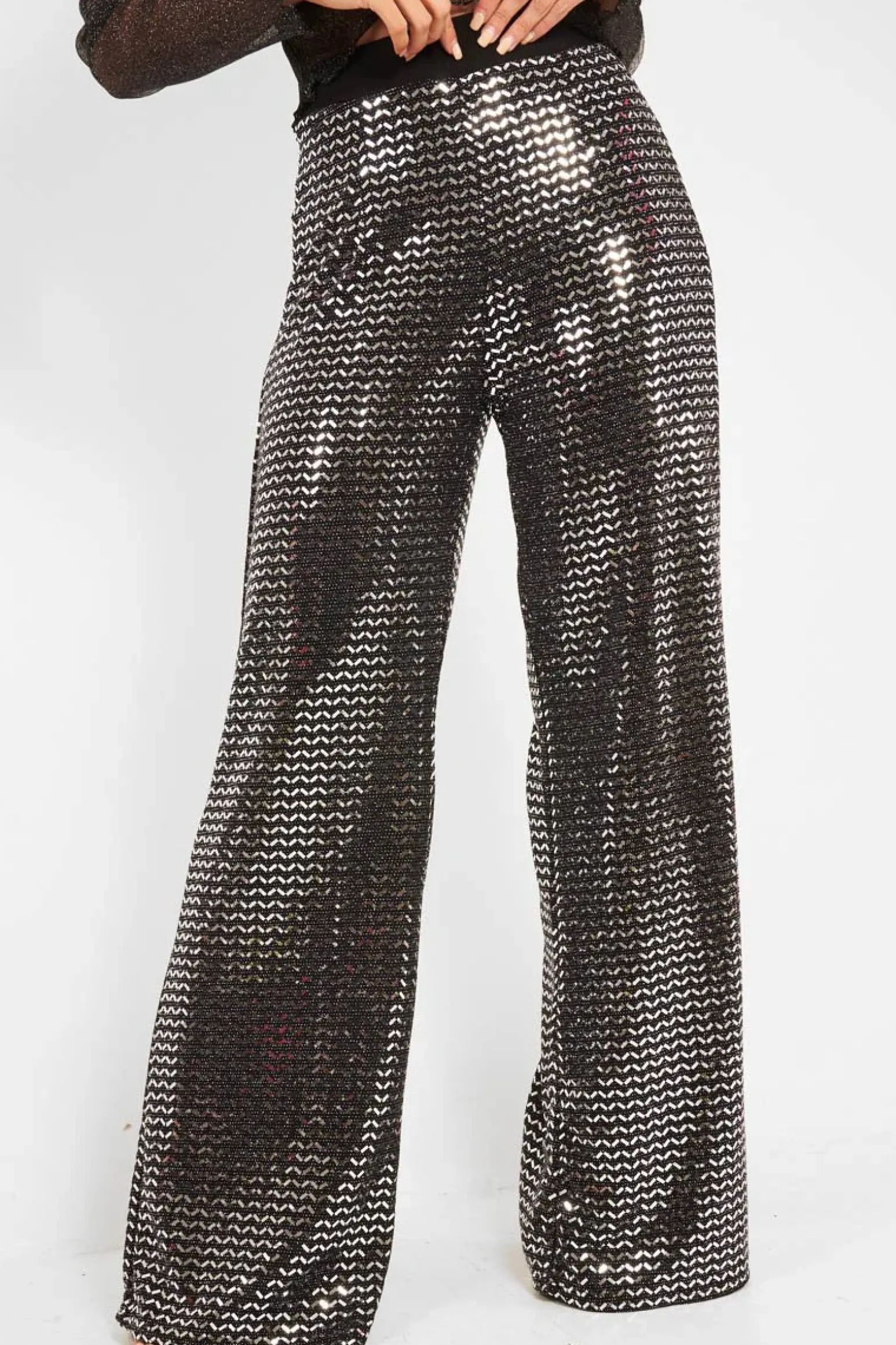 Rebellious Fashion Black Glitter Wide Leg Trousers - Kimberlie