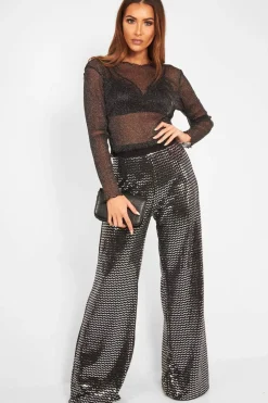 Rebellious Fashion Black Glitter Wide Leg Trousers - Kimberlie