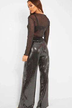 Rebellious Fashion Black Glitter Wide Leg Trousers - Kimberlie