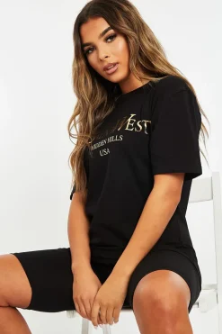 Rebellious Fashion Black Gold Beverly Hills T-shirt Cycling Shorts Co-ord - Laura
