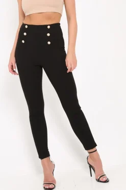 Rebellious Fashion Black Gold Button Front Skinny Trousers - Aivy