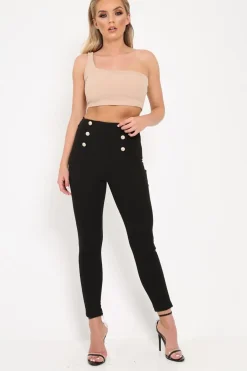 Rebellious Fashion Black Gold Button Front Skinny Trousers - Aivy