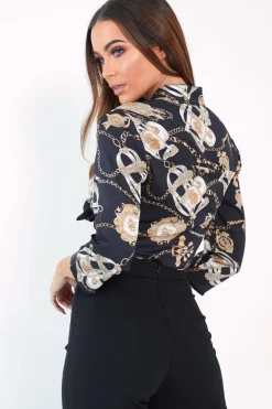 Rebellious Fashion Black Gold Chain Print Tie Front Blouse - Melika