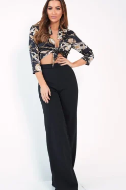 Rebellious Fashion Black Gold Chain Print Tie Front Blouse - Melika