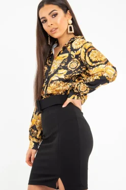 Rebellious Fashion Black Gold Scarf Print Button Down Shirt - Khani