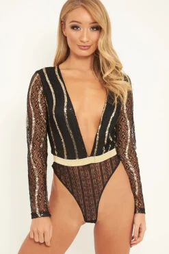 Rebellious Fashion Black Gold Sequin Plunge Bodysuit - Dreah