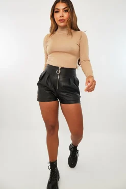 Rebellious Fashion Black Gold Zip Front Faux Leather Shorts - Daviona