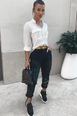 Rebellious Fashion Black Graffiti Print Distressed Boyfriend Jeans - Maryana