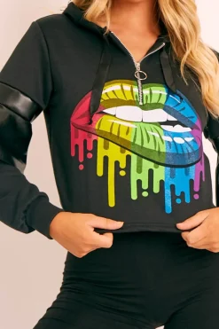 Rebellious Fashion Black Graphic Frill Sleeve Hoodie - Ileigh