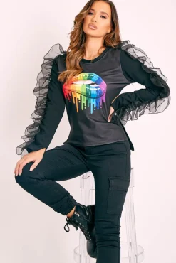 Rebellious Fashion Black Graphic Print Organza Ruffle Sleeve Top - Gianni