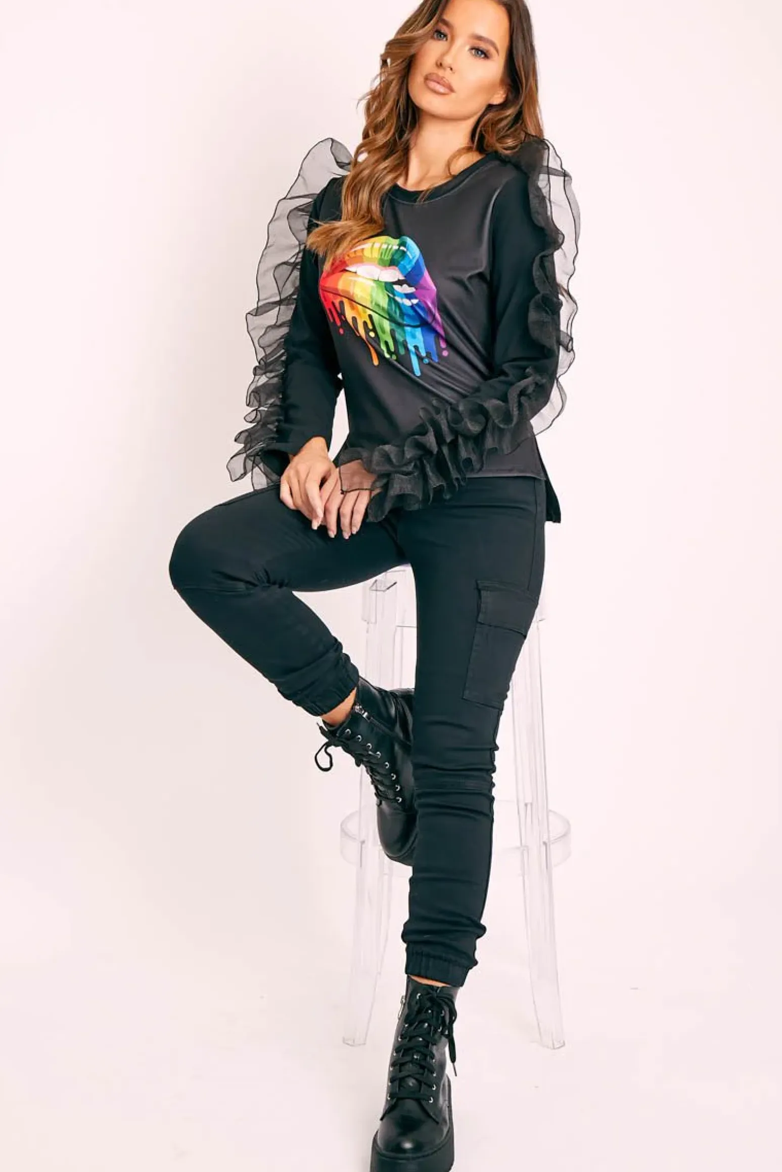 Rebellious Fashion Black Graphic Print Organza Ruffle Sleeve Top - Gianni