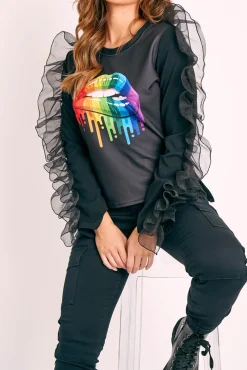 Rebellious Fashion Black Graphic Print Organza Ruffle Sleeve Top - Gianni