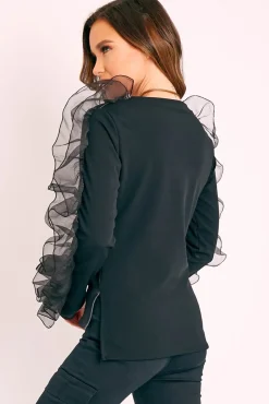 Rebellious Fashion Black Graphic Print Organza Ruffle Sleeve Top - Gianni
