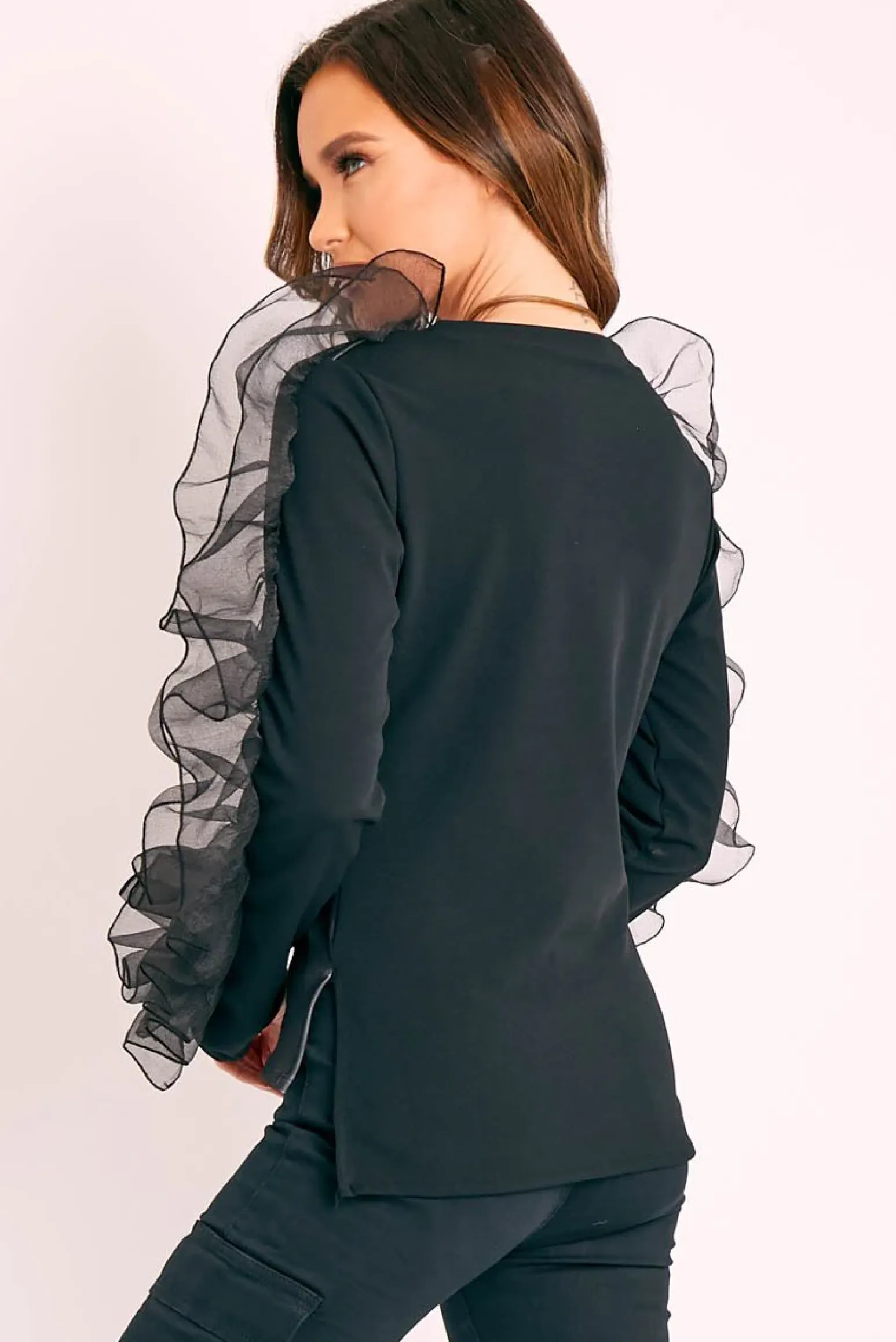 Rebellious Fashion Black Graphic Print Organza Ruffle Sleeve Top - Gianni