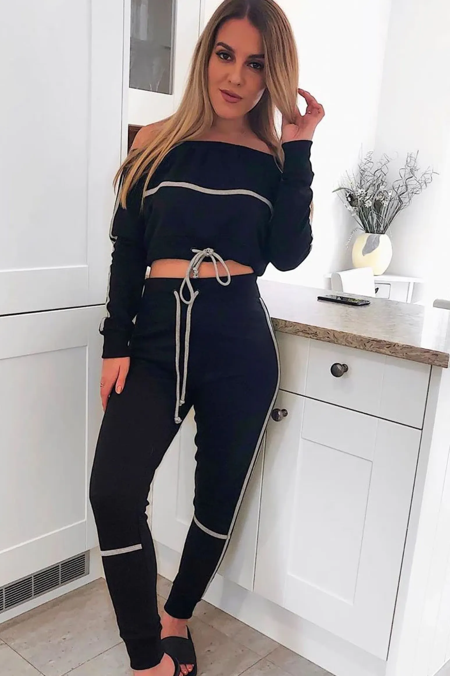 Rebellious Fashion Black Grey Stripe Detail Tie Waist Sweatshirt and Jogger Set - Zamiya