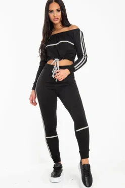 Rebellious Fashion Black Grey Stripe Detail Tie Waist Sweatshirt and Jogger Set - Zamiya