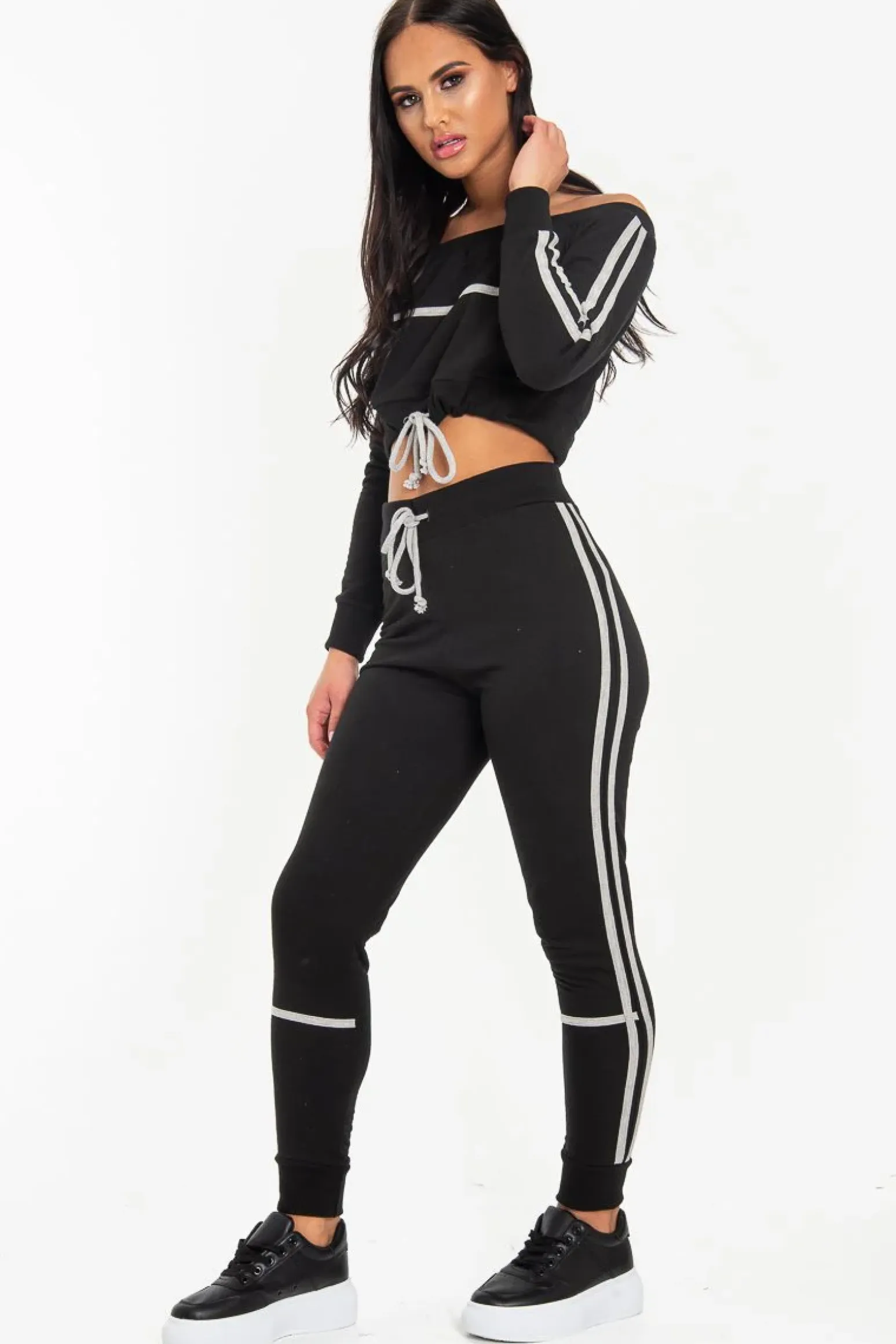 Rebellious Fashion Black Grey Stripe Detail Tie Waist Sweatshirt and Jogger Set - Zamiya