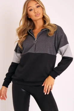 Rebellious Fashion Black Grey Stripe Zip Front Hoodie - Tyra
