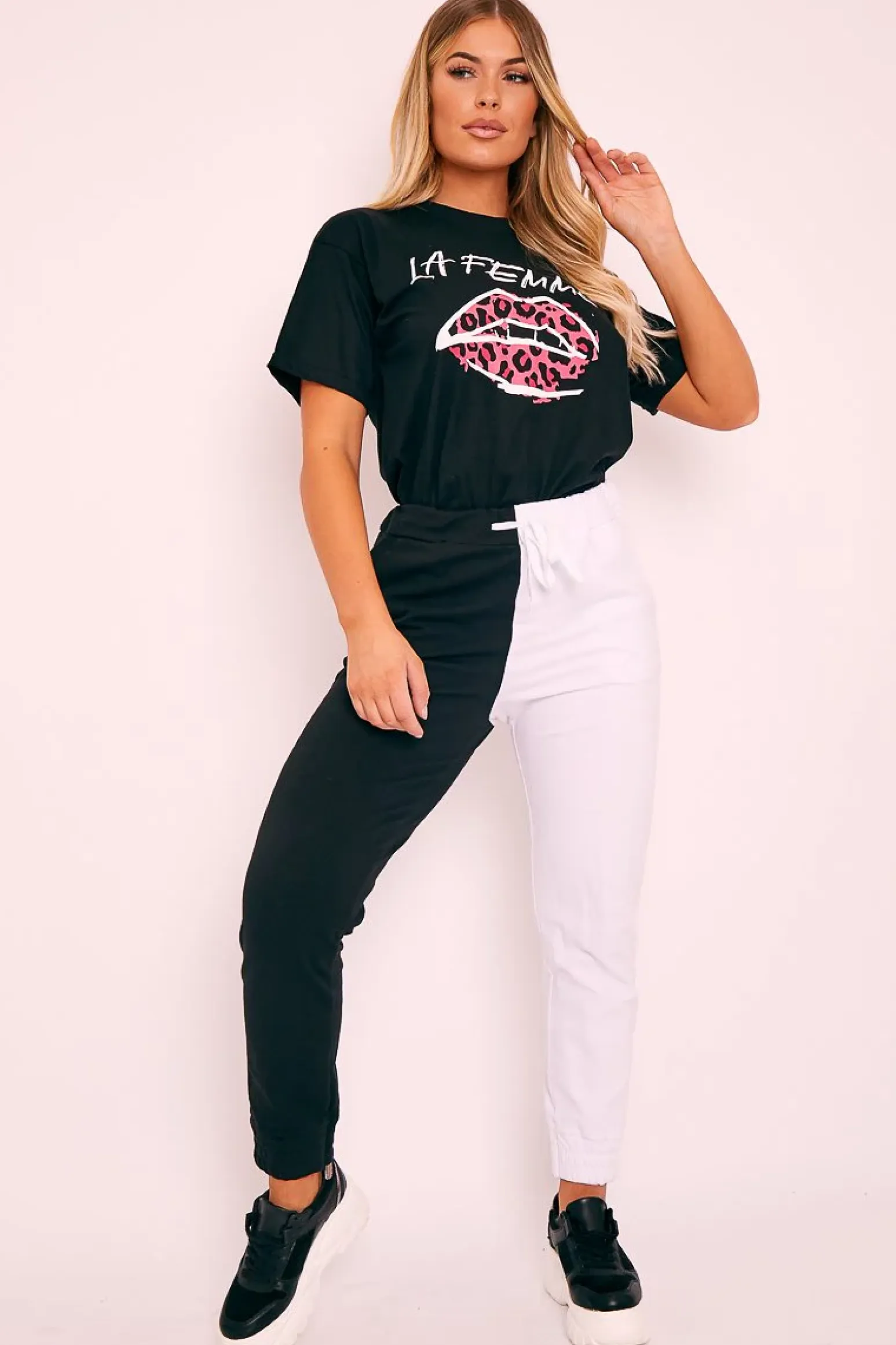 Rebellious Fashion Black Half White Elasticated Waist Joggers - Dasha
