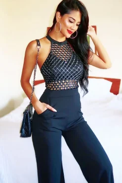 Rebellious Fashion Black Halterneck Cage Design Jumpsuit - Taaliah