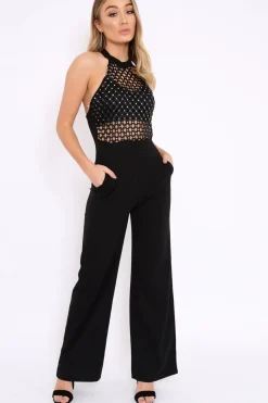 Rebellious Fashion Black Halterneck Cage Design Jumpsuit - Taaliah