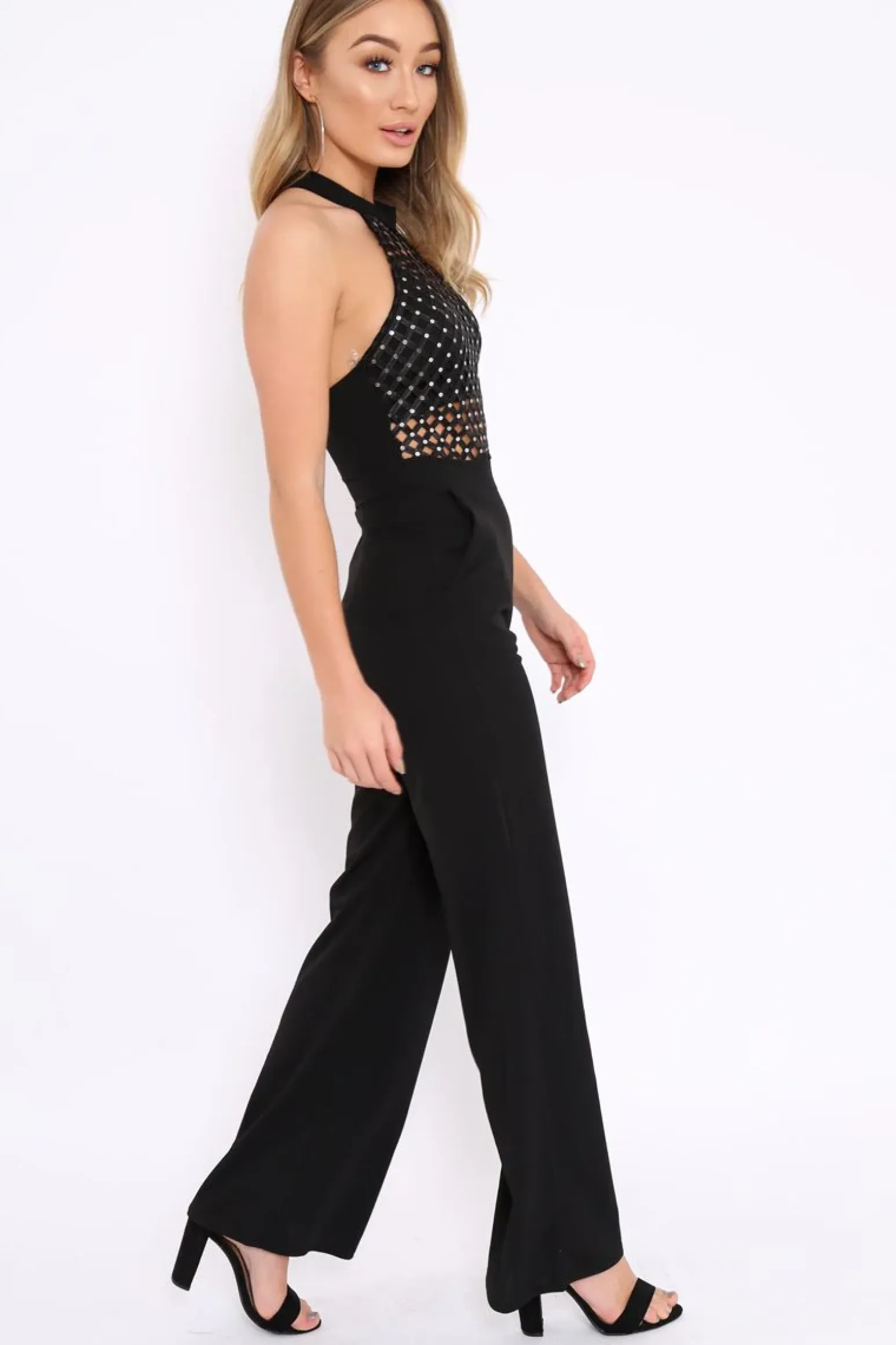 Rebellious Fashion Black Halterneck Cage Design Jumpsuit - Taaliah