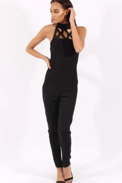 Rebellious Fashion Black Halterneck Cage Detail Jumpsuit - Mandy