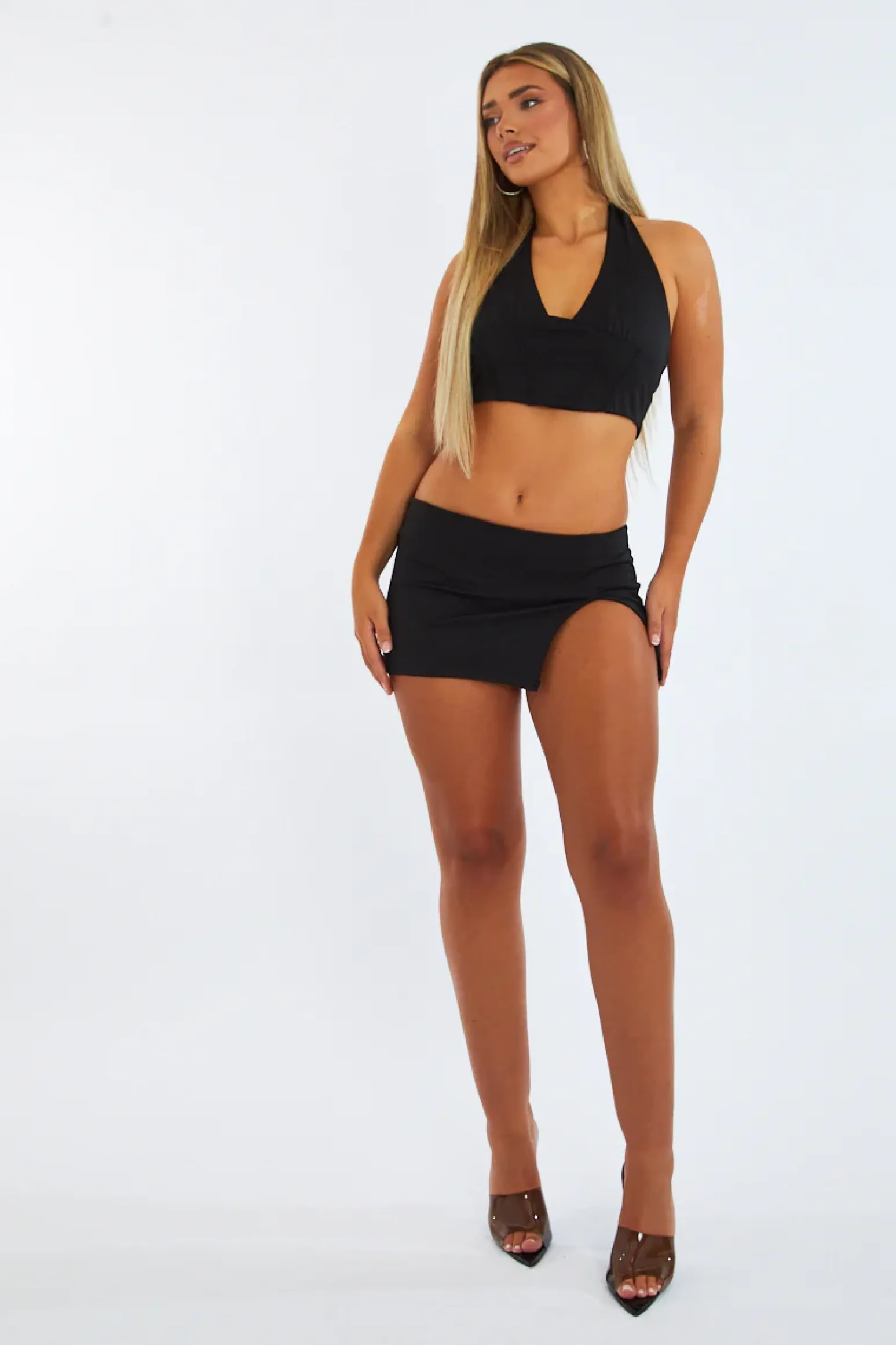 Rebellious Fashion Black Halter Neck Crop Top & Low Rise Micro Mini Skirt - Kai