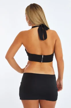 Rebellious Fashion Black Halter Neck Crop Top & Low Rise Micro Mini Skirt - Kai
