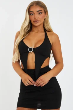 Rebellious Fashion Black Halter Neck Crop Top & Mini Skirt Set - Rayal
