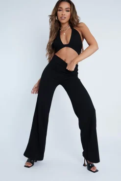 Rebellious Fashion Black Halter Neck Crop Top + High Waist Flare Trouser Set - Sheri