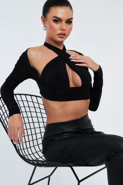Rebellious Fashion Black Halter Neck Cut Out Crop Top - Sno