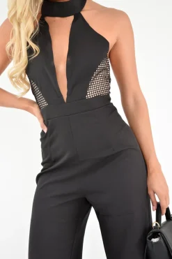 Rebellious Fashion Black Halterneck Plunge Lace Insert Jumpsuit - Oksana
