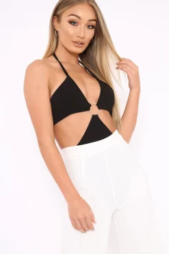 Rebellious Fashion Black Halterneck Ring Front Extreme Cut Out Bodysuit - Helayna