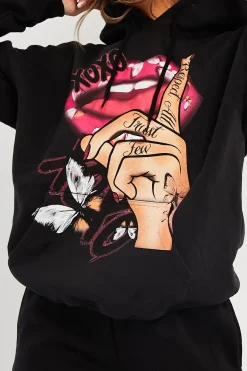 Rebellious Fashion Black Hand Graphic Slogan Hoodie - Kyrie