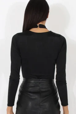 Rebellious Fashion Black Harness Choker Long Sleeve Bodysuit - Sandra
