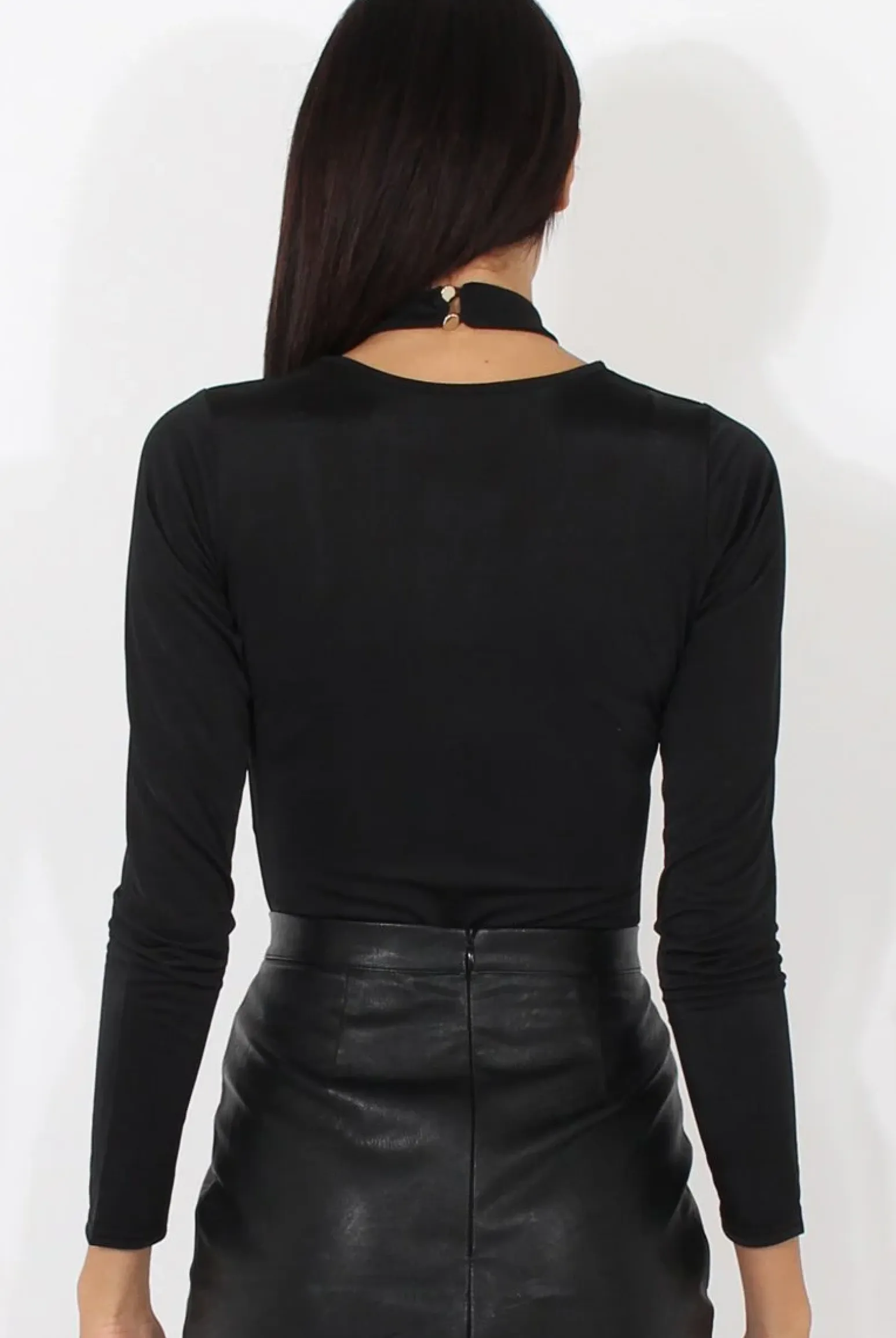 Rebellious Fashion Black Harness Choker Long Sleeve Bodysuit - Sandra