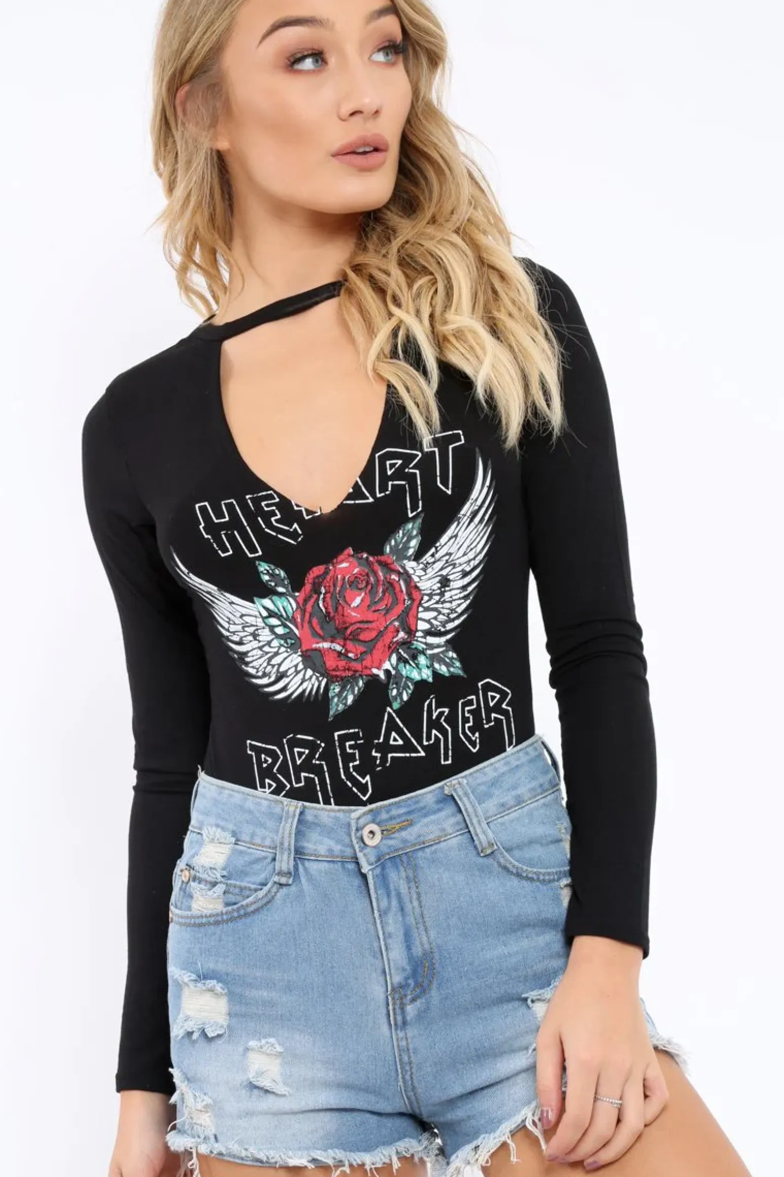 Rebellious Fashion Black Heart Breaker Bodysuit with Plunge Neck - Scarlet